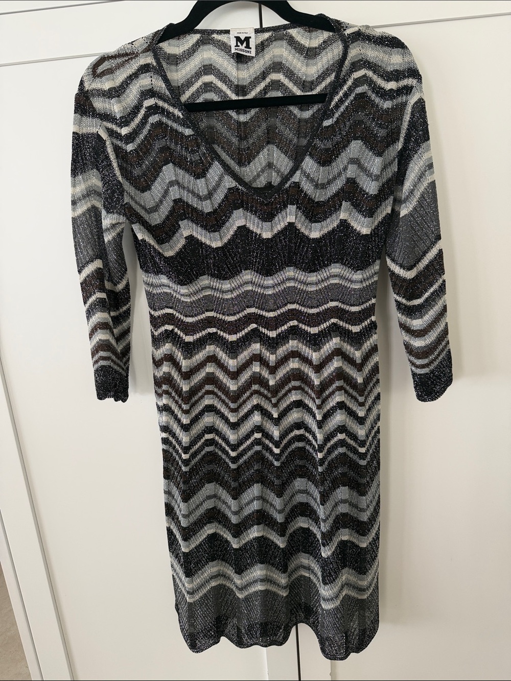 M by Missoni Black, silver, Gray & White Chevron Knit Midi Dress